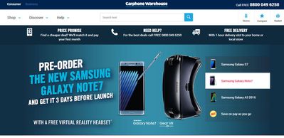 2016-08-19 Carphone Warehouse front page advert for Note7 says free vr headset but has tiny note1.jpg