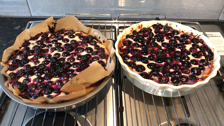 Two vegan blueberry pies straight from the oven