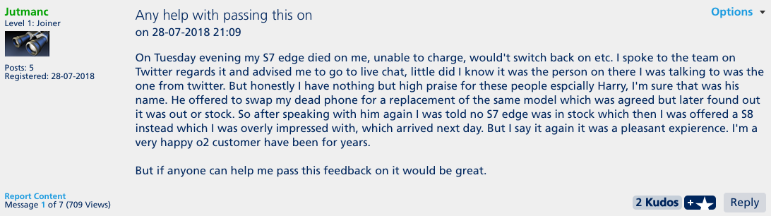 Screenshot of positive feedback post