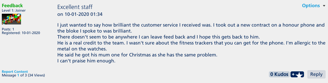 Customer service feedback screenshot 