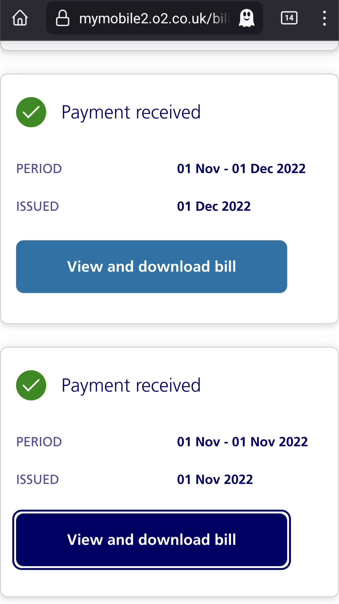 Same bill downloading for different dates past Sep... - O2 Community