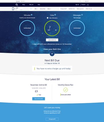 My O2 web version, top of the page